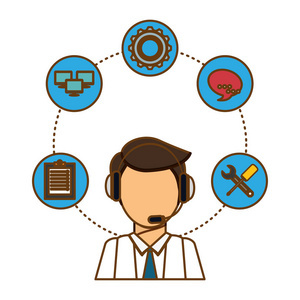 中心电话销售技术服务人员佩戴耳机的IC技术服务